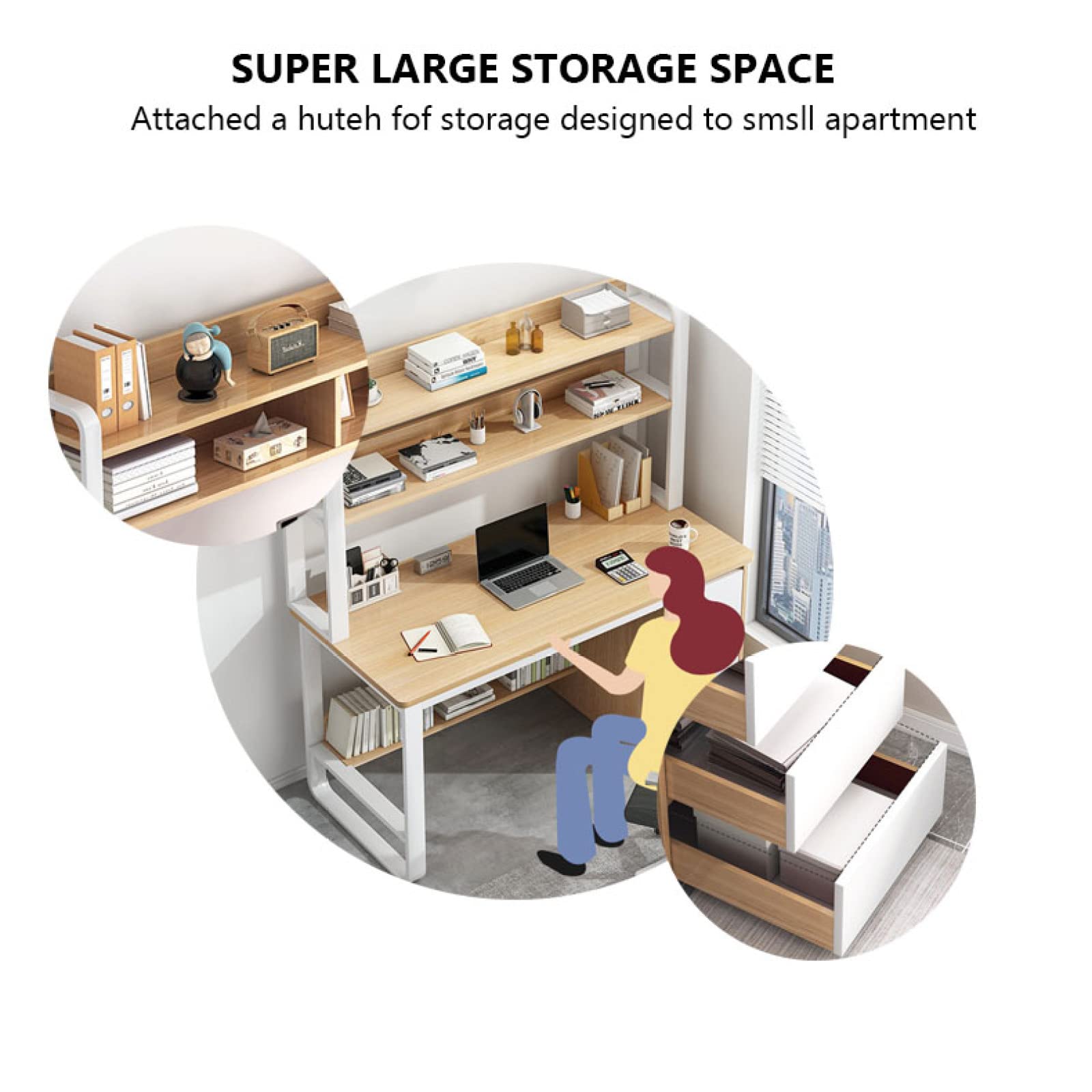 Amazon | キャビネットと本棚付きコンピューターデスク、引き出し3つ