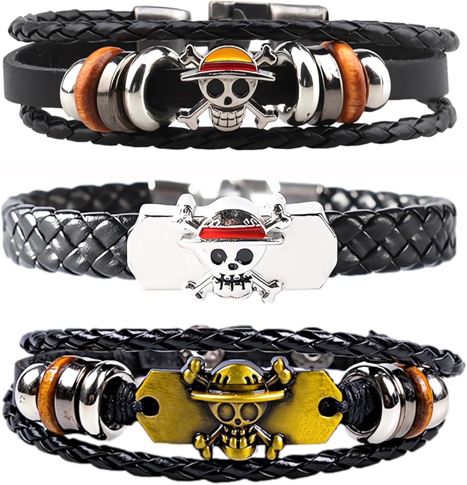 Amazon.com: Nuahyaz 3Pcs Anime Leather Bracelets, Skull Punk Alloy