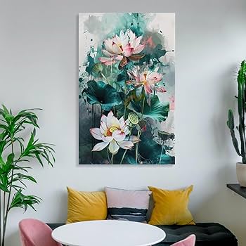 Amazon.co.jp: 絵画 ほっそりと咲く蓮の水墨画インテリア 絵画 中国風