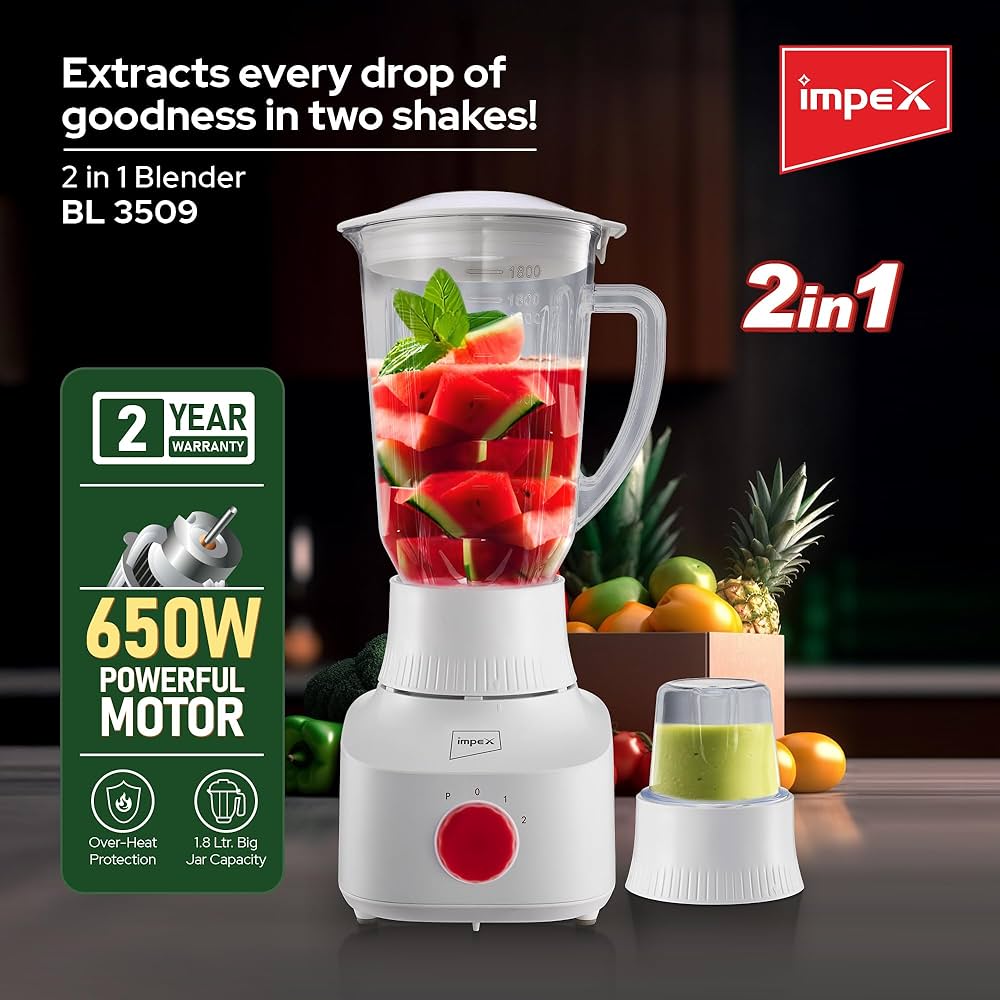 Impex 2-in-1 Blender & Grinder: 650W Powerful Motor, 1.8L Blender