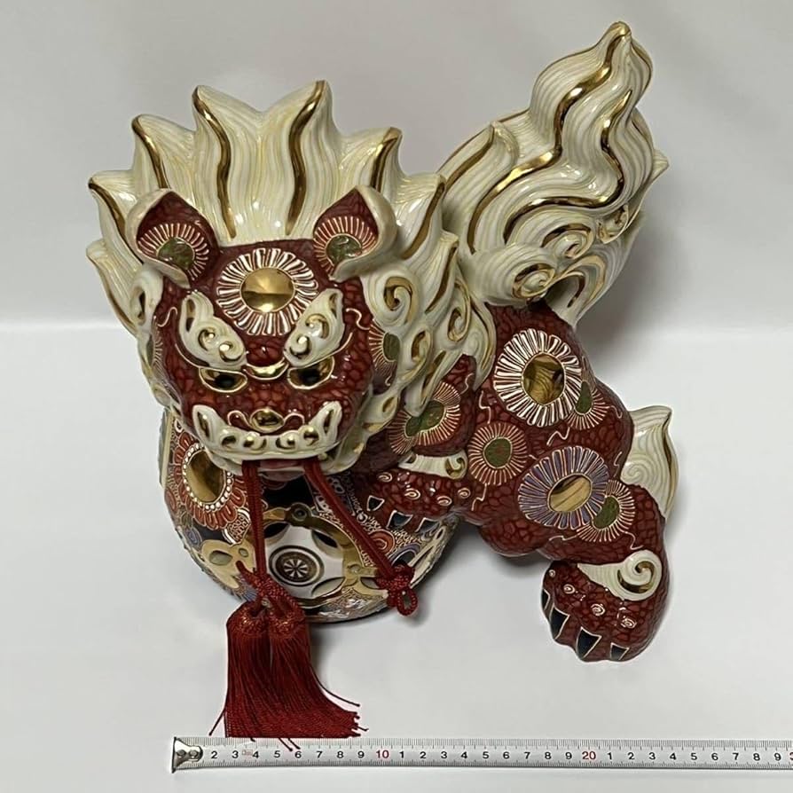 ♡九谷焼 大吉 糠川清章 玉乗り獅子 獅子像 赤獅子 縁起物 色絵 置物