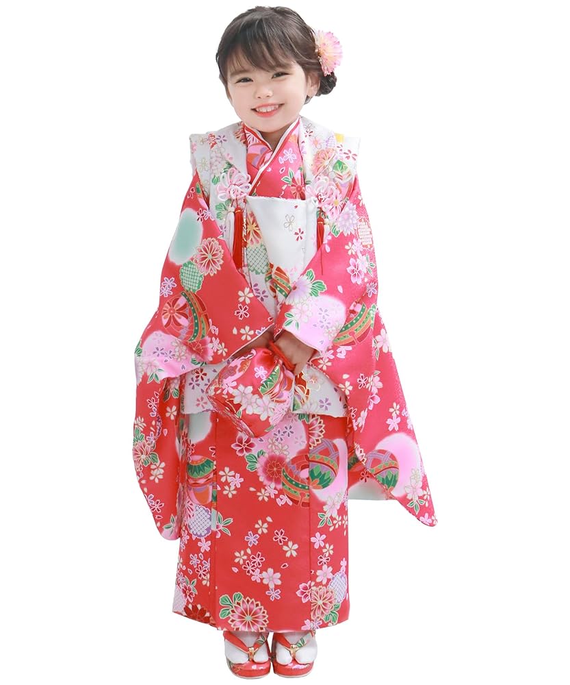 七五三用ピンク赤花柄着物 フルセット 七五三 レンタル 7歳 女の子