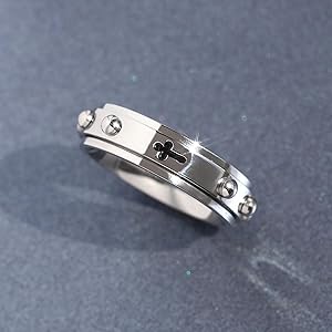 DoubleAccent 6MM Stainless Steel Cross Rosary Spinner Praying Ring