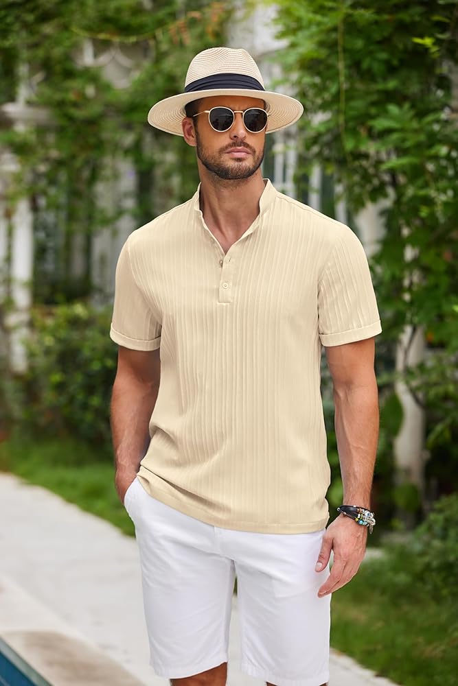 COOFANDY Men's Linen Short Sleeve Henley T-Shirt Summer Beach Band