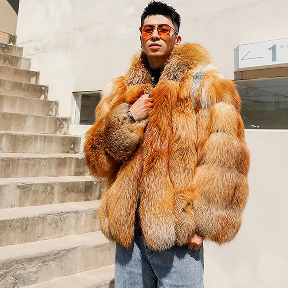 Denny&Dora Men's Brown Fox Fur Hooded Jacket - Winter Fur Trench