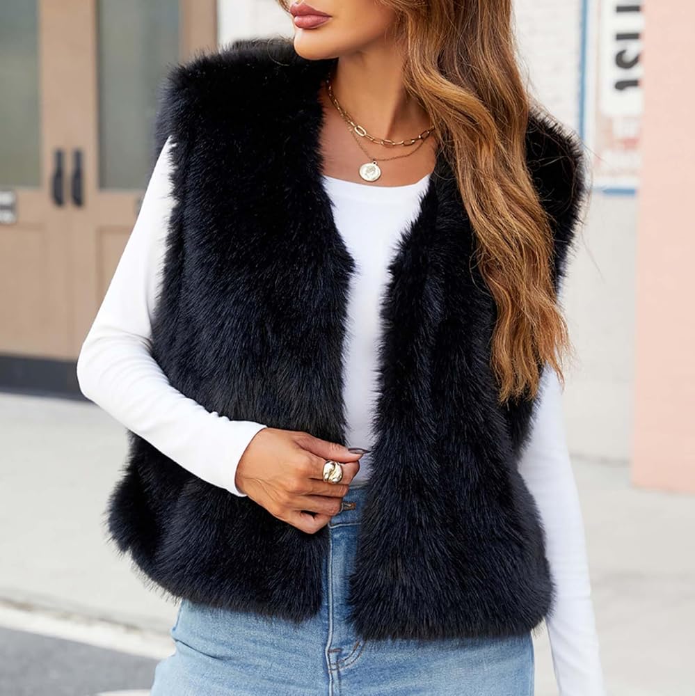 Womens Elegant Faux Fur Vest Dressy Sleeveless Winter Windproof
