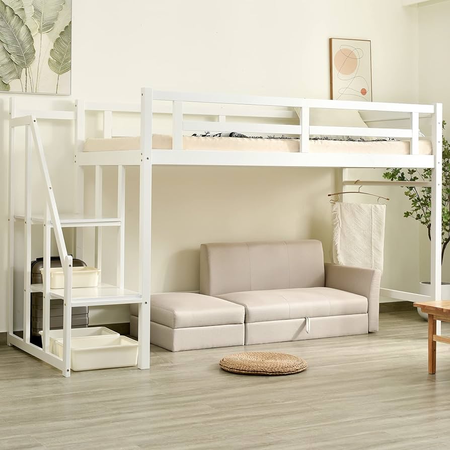 Amazon｜木製 ロフトベッド シングル 階段付き 宮付き 天然木