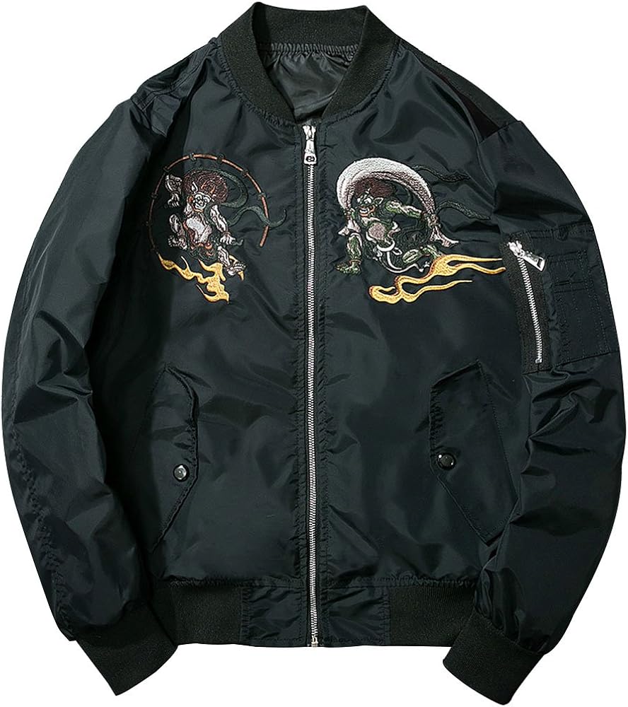 Amazon | [バンキク] スカジャン 風神雷神 メンズ 無地 ma-1 刺繍