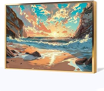 Amazon.co.jp: 絵画 夕日の海岸インテリア 絵画 油絵イラストアート