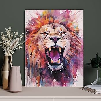Amazon.co.jp: 絵画 ライオンの水彩画アートインテリア 絵画 動物の