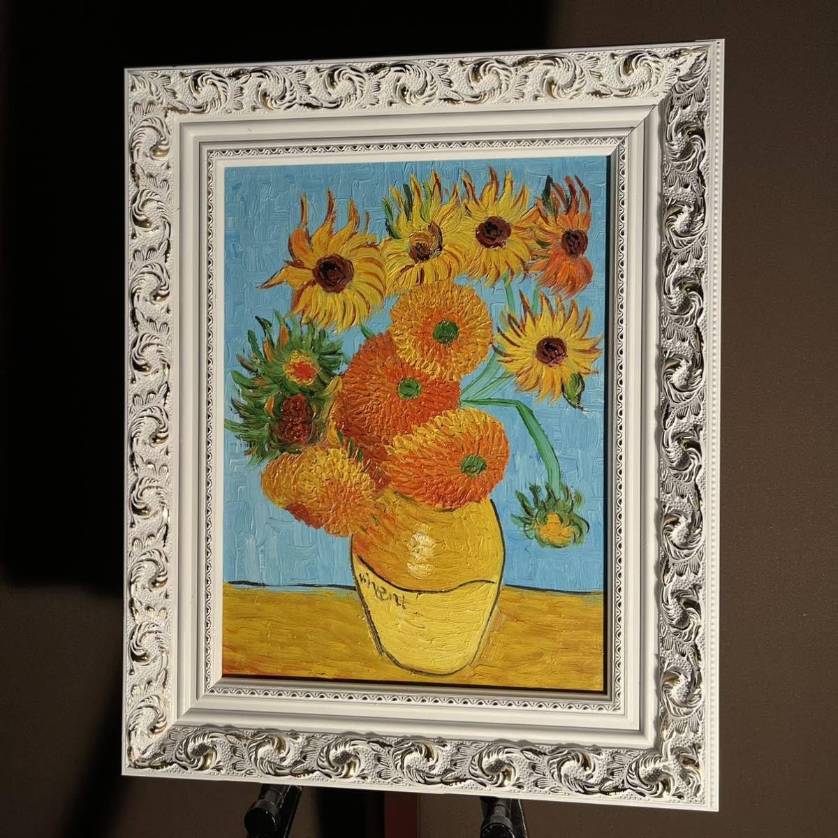 Amazon.co.jp: 手書き油絵 ゴッホ ひまわり 青 額付 絵画 インテリア