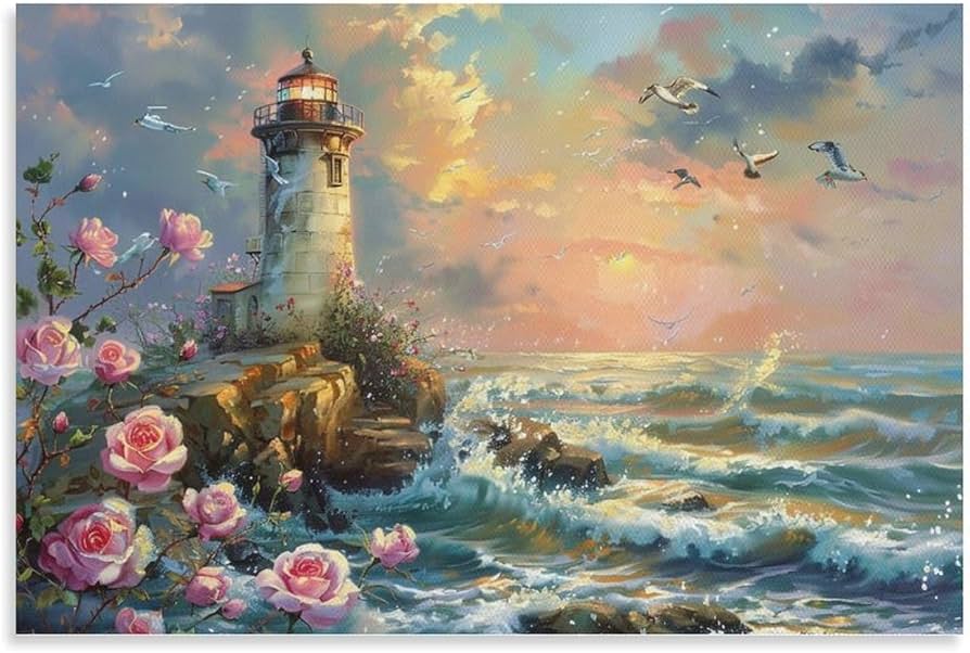 Amazon.co.jp: 絵画 灯台の海の眺めインテリア 絵画 油絵イラスト