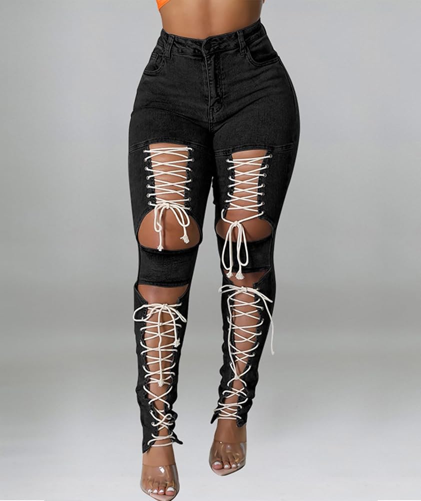 Sexyshine Women's Lace Up Skinny Denim Pants Bandage Criss Cross