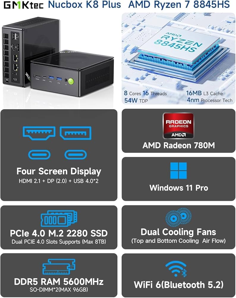 Amazon.com: GMKtec Gaming Mini PC K8 Plus AMD Ryzen 7 8845HS(8C