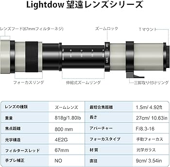 Amazon.co.jp: Lightdow 望遠レンズ420-800mm f/8.3 マニュアルズーム
