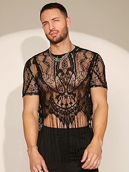 WDIRARA Men's Fringe Hem Shirts Floral Lace Mesh Scoop Neck Short