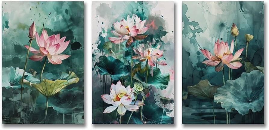 Amazon.co.jp: 3枚 ほっそりと咲く蓮の水墨画 絵画 インテリア