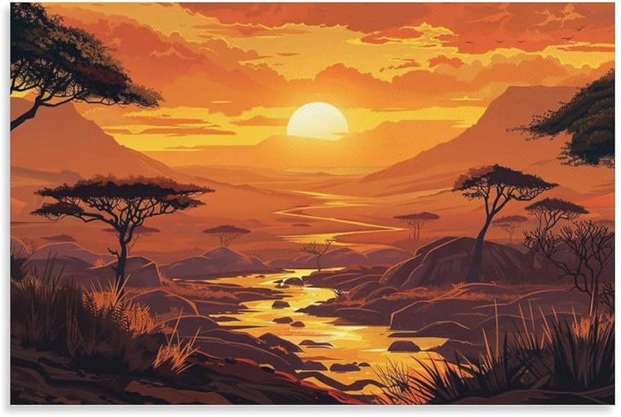 Amazon.co.jp: 絵画 アフリカのサバンナの夕日 アートパネル ポスター