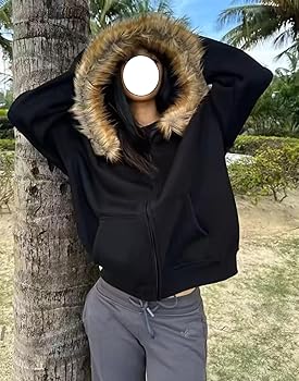 Amazon.com: Hesaco Y2k Zip Up Hoodie Fur Hooded Jacket Graphic