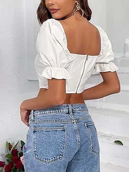 Women's Crop Tops Cute Ruffle Short Sleeve Shirt Off Shoulder Zip