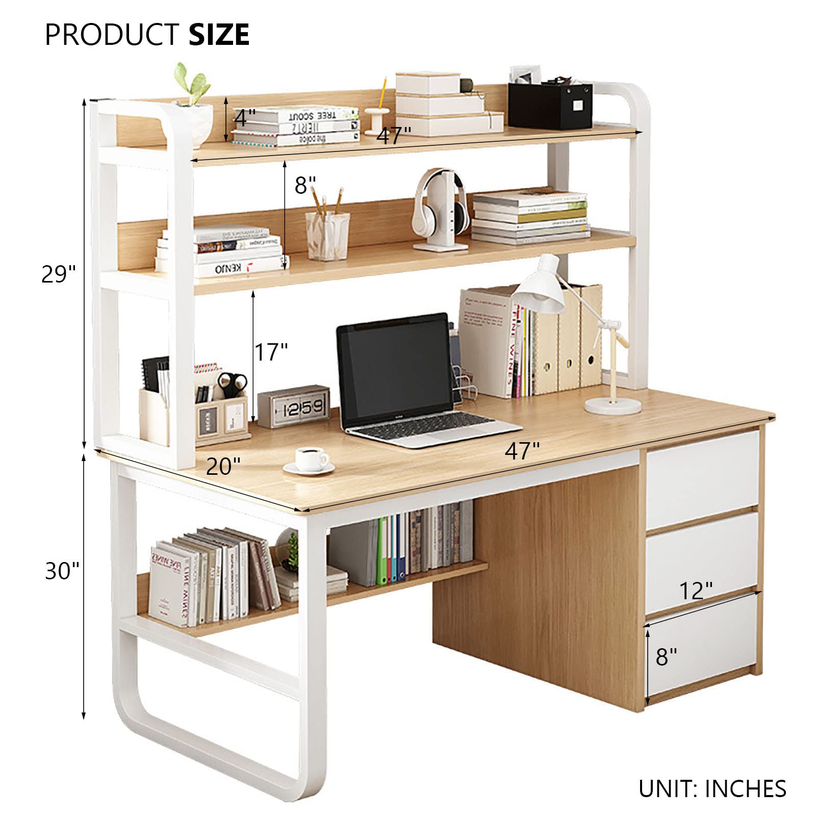 Amazon | キャビネットと本棚付きコンピューターデスク、引き出し3つ