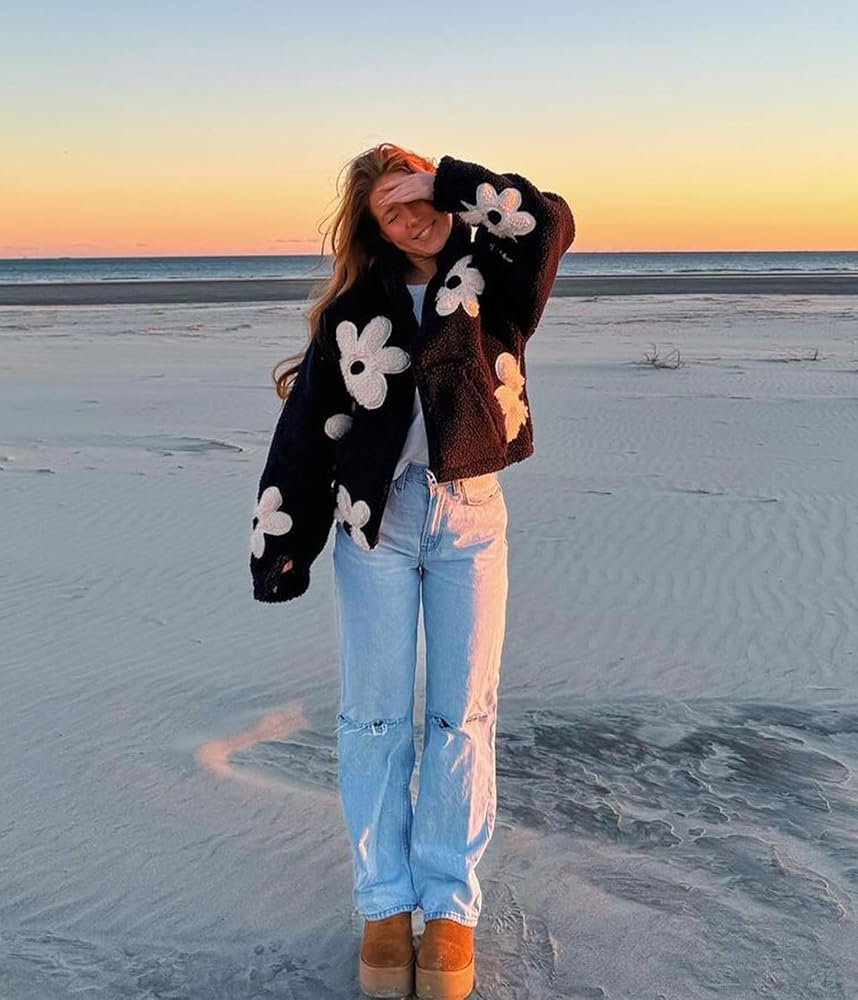 Maixang Womens Floral Print Sherpa Fleece Jackets Winter Zipper