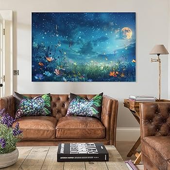 Amazon.co.jp: 絵画 美しい星空と月と夜の花畑 アートパネル ポスター
