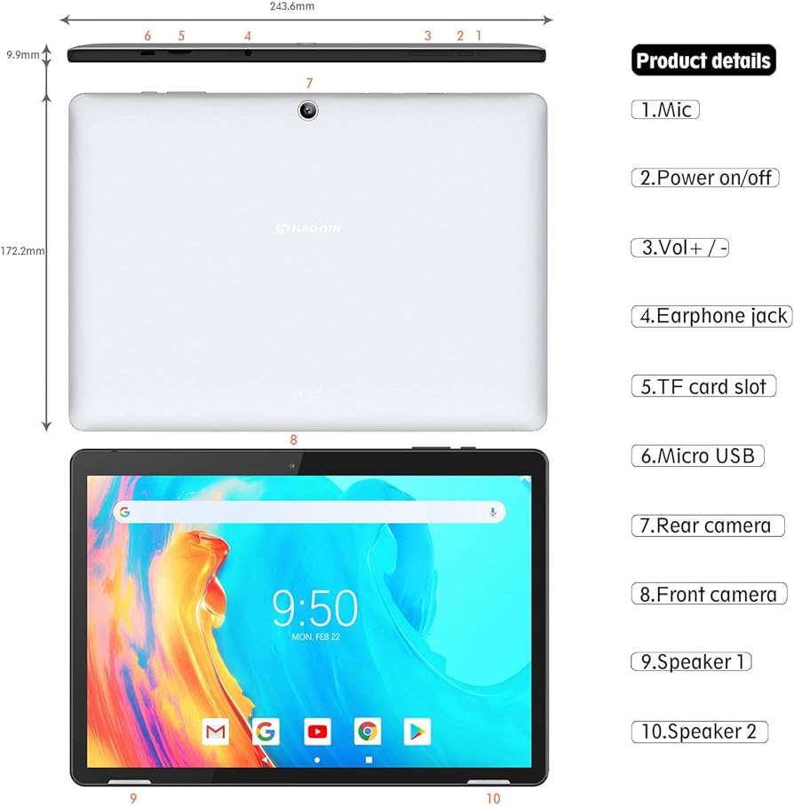 HAOQIN H10 Android Tablet 10.1 Inch 2GB RAM – Android 9.0 Pie Quad