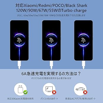Amazon.co.jp: 120W Type-C ケーブル 1M 対応Xiaomi 急速充電ケーブル