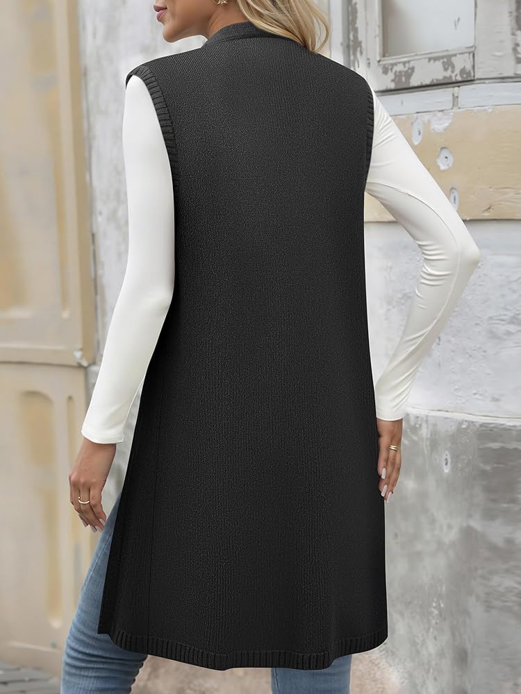 ZXZY Black Long Vest Women Sleeveless Cardigan Lightweight Open