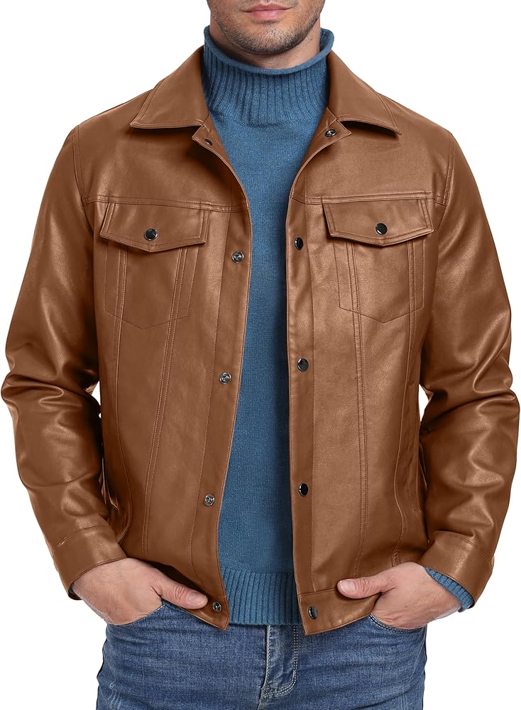 Sailwind Men's Leather Jacket Lapel Collar Motorcycle Coat Snap