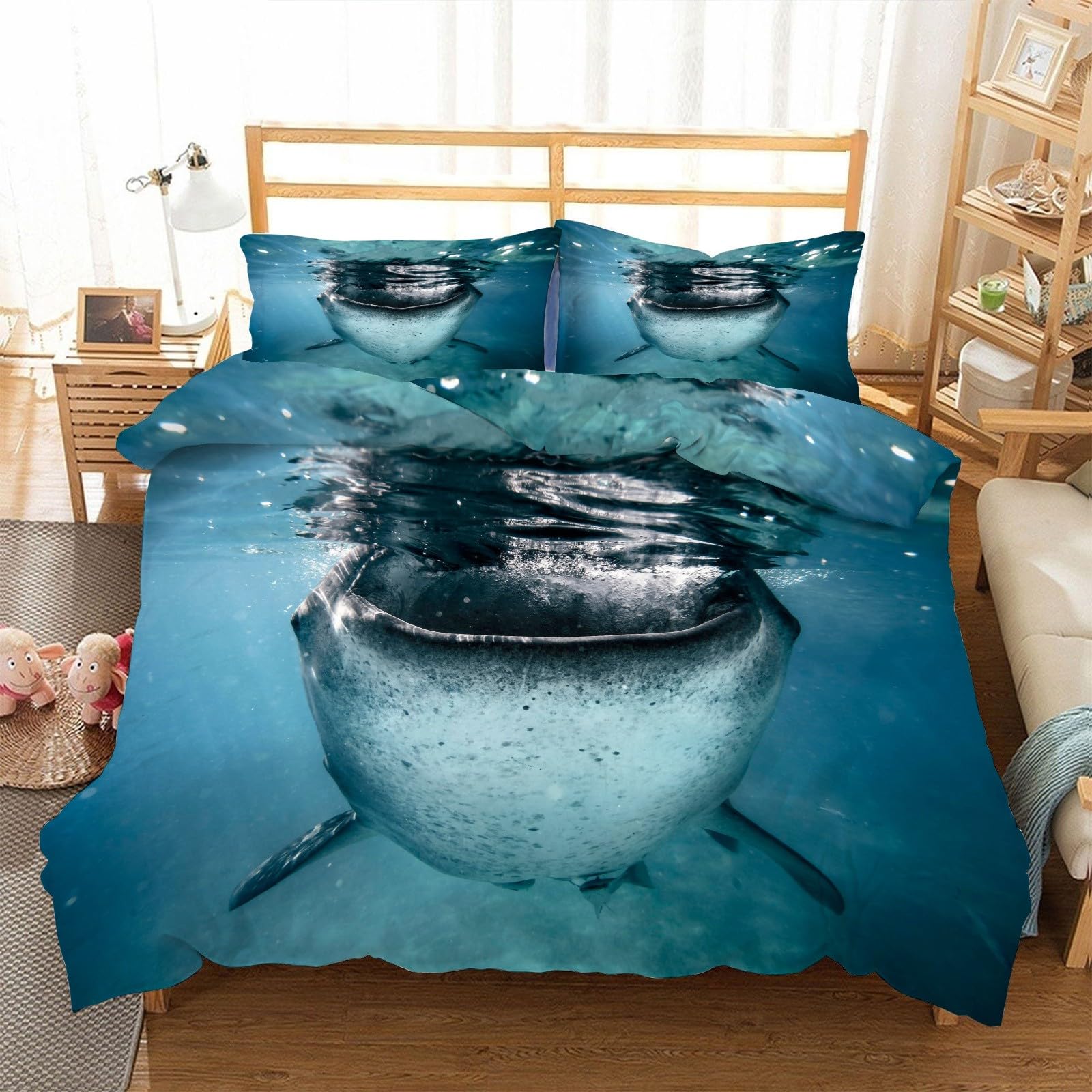 Amazon｜サメ布団カバー クイーン青い水ぶくれ寝具カバー3点セット1