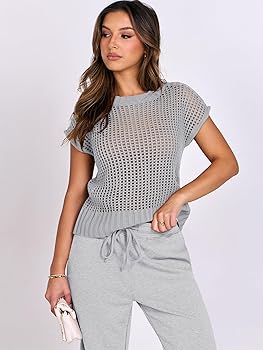 ANRABESS Women Two Piece Outfits Crochet Sheer Knit Sweater Top