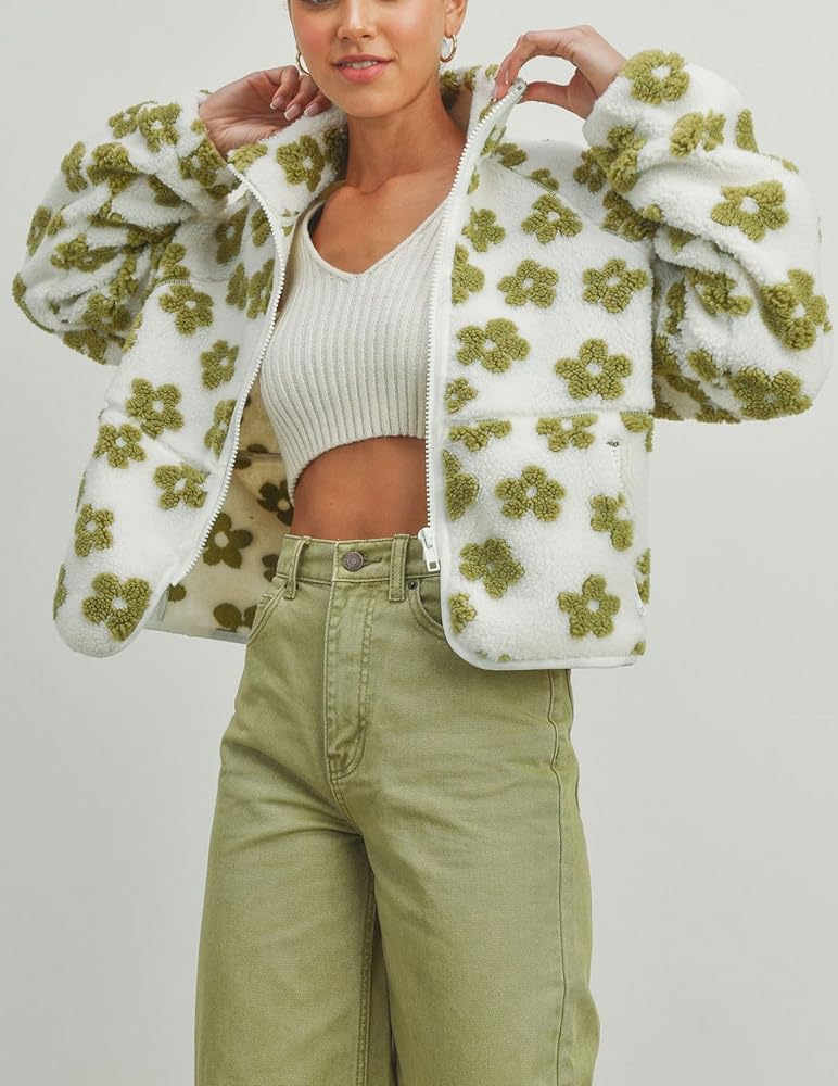 chouyatou Women's Fall Winter Casual Cute Floral Fleece Jacket