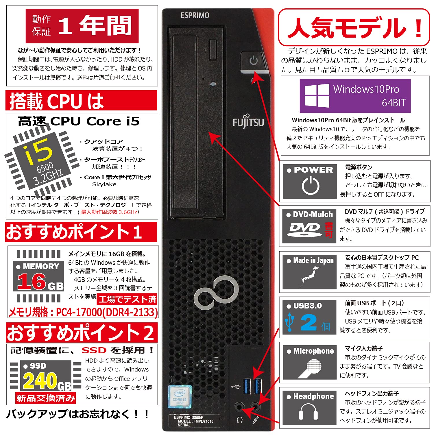 Amazon.co.jp: 中古パソコン Windows10 デスクトップ 一年保証 富士通