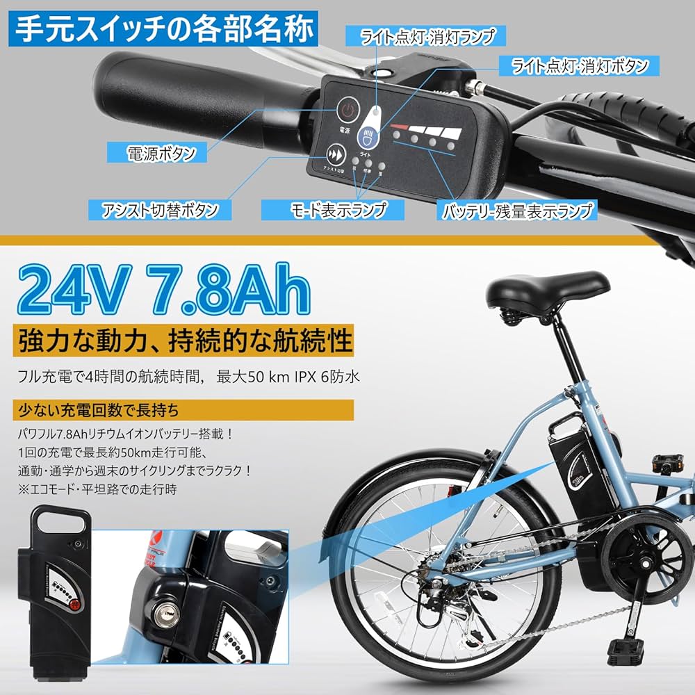 Amazon | Bright Pale 電動アシスト自転車 20インチ 24V 7.8Ah