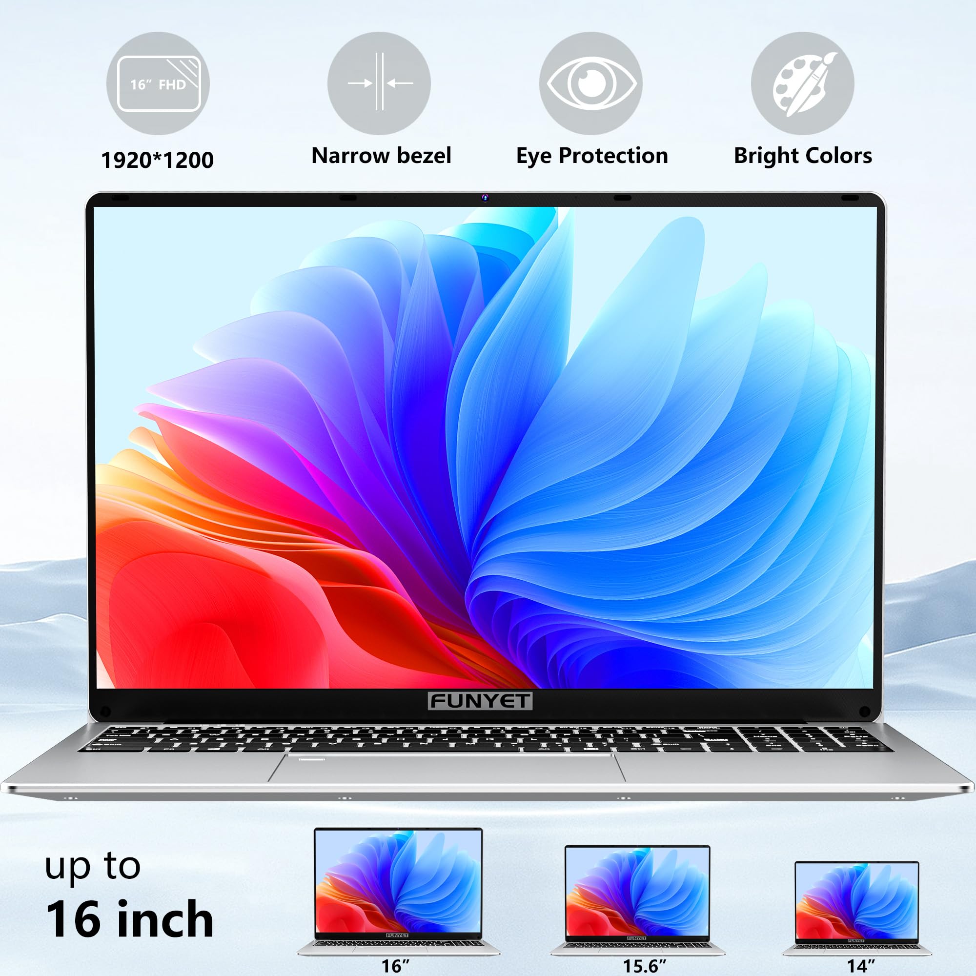 FUNYET 16 inch laptop, 16GB RAM + 512GB SSD, N95 processor for