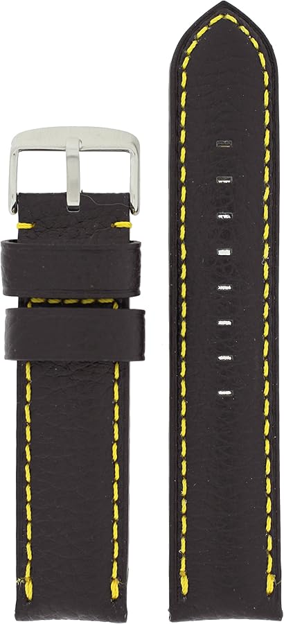 Amazon | 24 mm時計バンドロングブラックレザーイエローステッチ入り