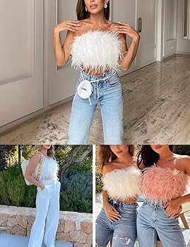 Sexy Faux Fur Feather Crop Tops Furry Strapless Bandeau Tube Top