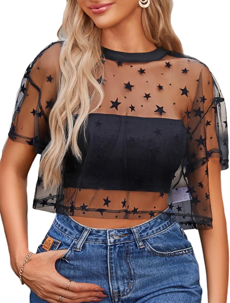 Amazon.com: Avidlove Women Mesh Crop Top Short Sleeve See Through