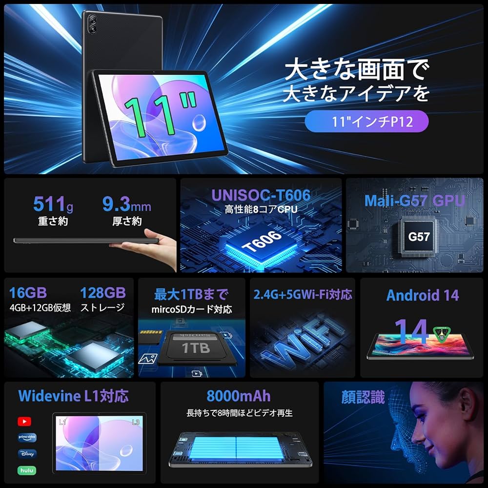 Amazon.co.jp: Android 14 タブレット 11 インチ 新登場 CUPEISI P12