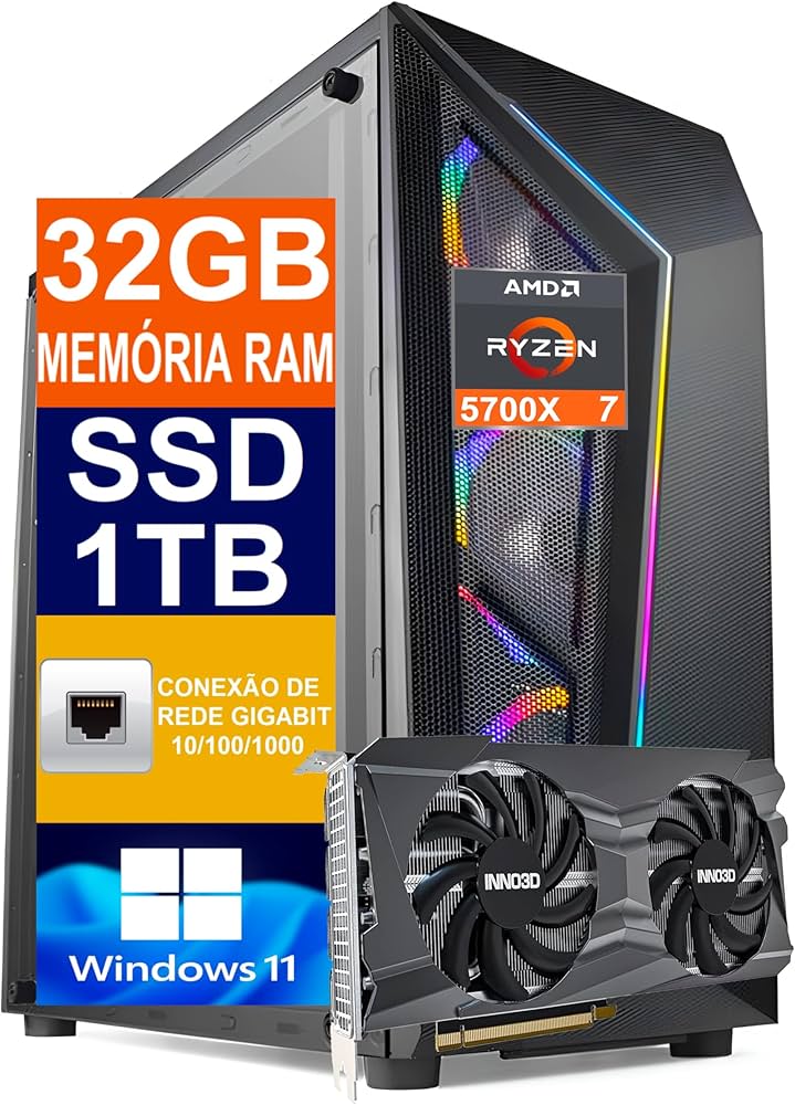 Pc Gamer Cpu Ryzen 7 5700X / SSD 1TB M.2 NVMe / 32GB Memória Ram
