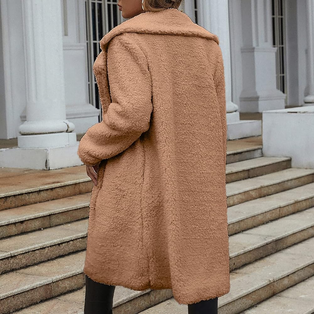 tuduoms Women's Fuzzy Fleece Long Cardigan Lapel Open Front Sherpa