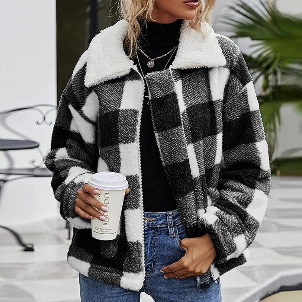 LMSXCT Women Plaid Faux Fleece Coat Long Sleeve Lapel Artificial