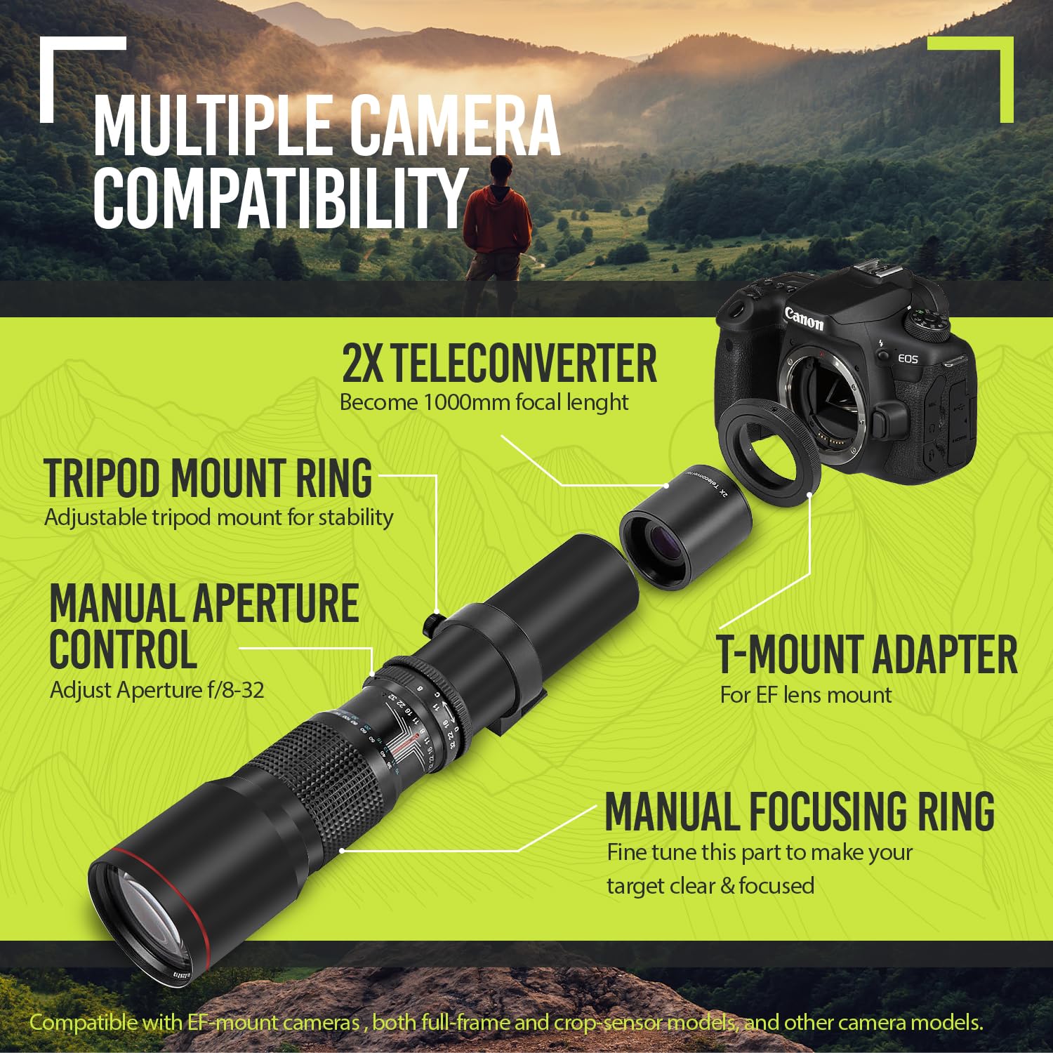 Amazon | ハイパワー500mm/1000mm F/8手動望遠レンズ、ブラック。Canon