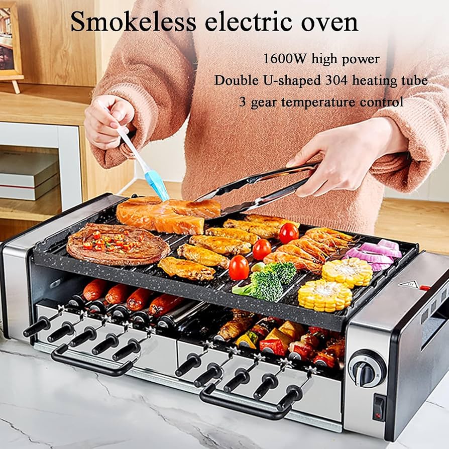 Amazon | 二層電気グリル、多機能電気無煙バーベキュー屋内