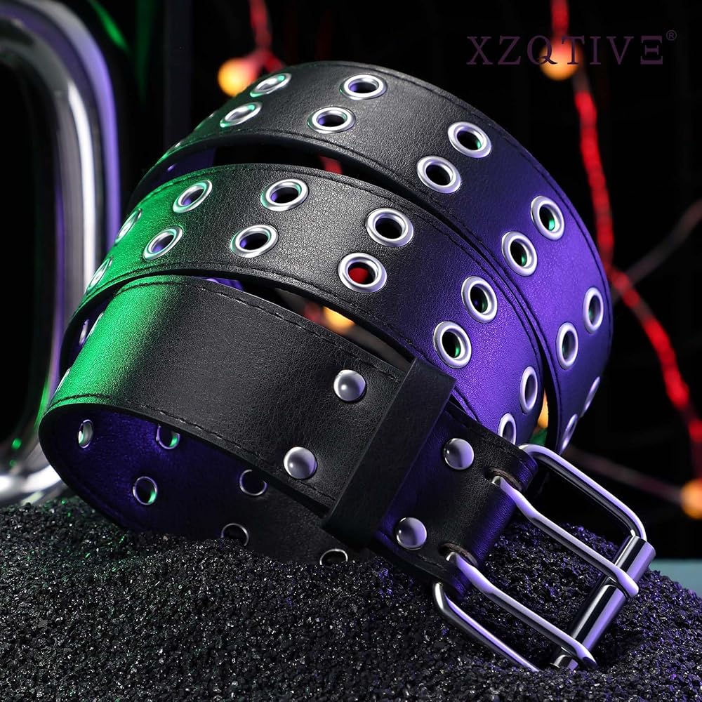 XZQTIVE Double Grommet PU Leather Belt for Women Men Punk metal
