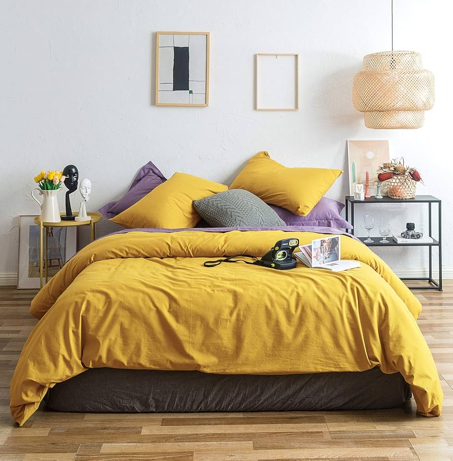 Amazon｜YuHeGuoJi マスタード イエロー 掛け布団カバー キングサイズ