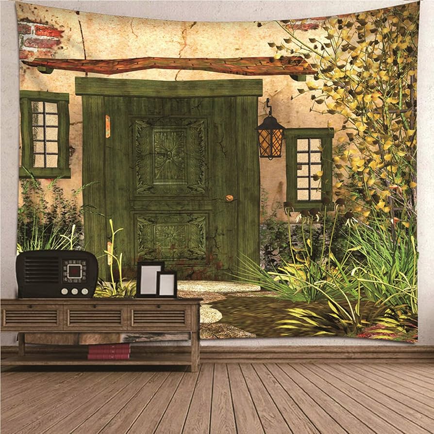 Amazon.co.jp: タペストリー 大判 ドアと花 緑 タペストリーおしゃれ