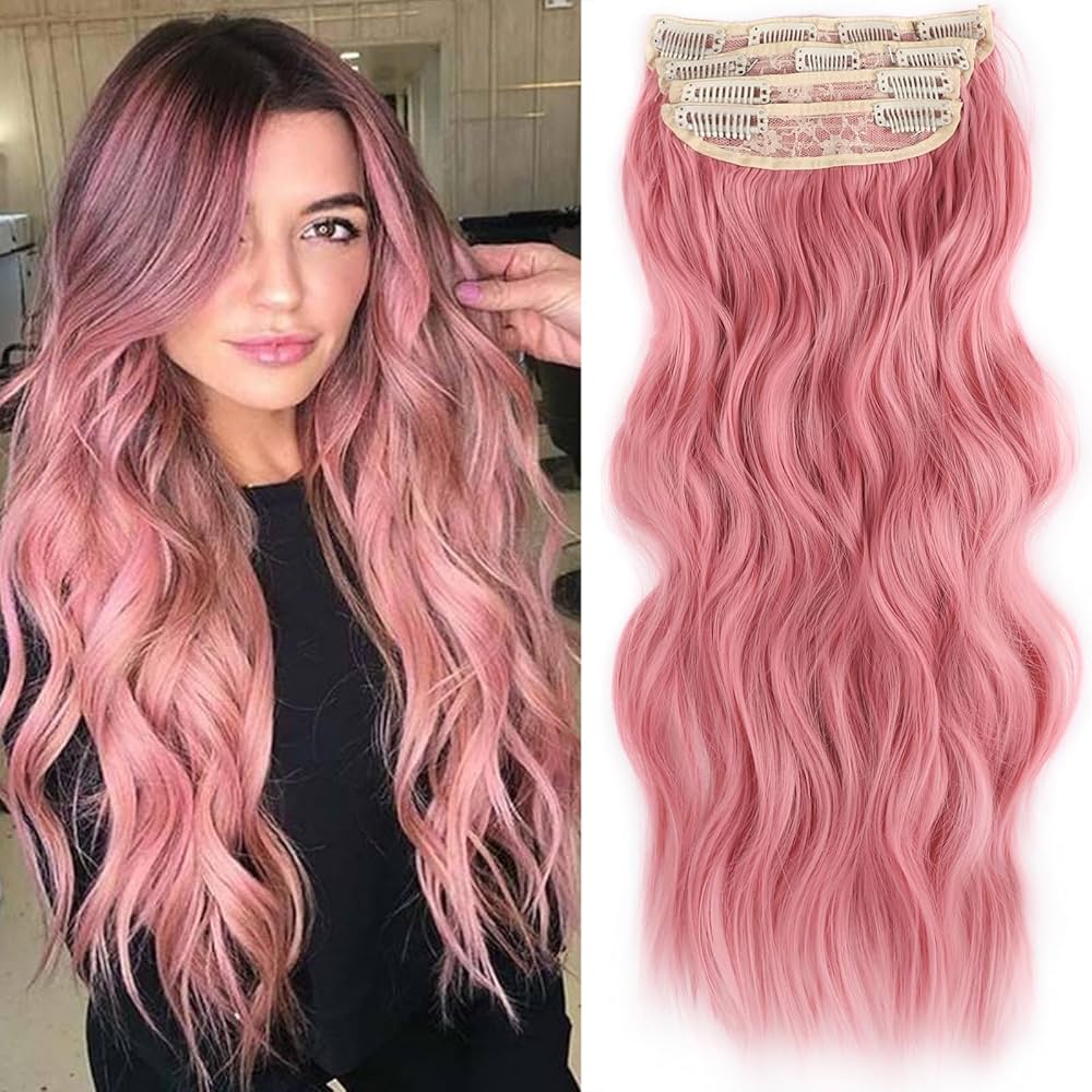 Amazon.com : 4 PCS Pink Clip in Hair Extensions Natural Soft Long